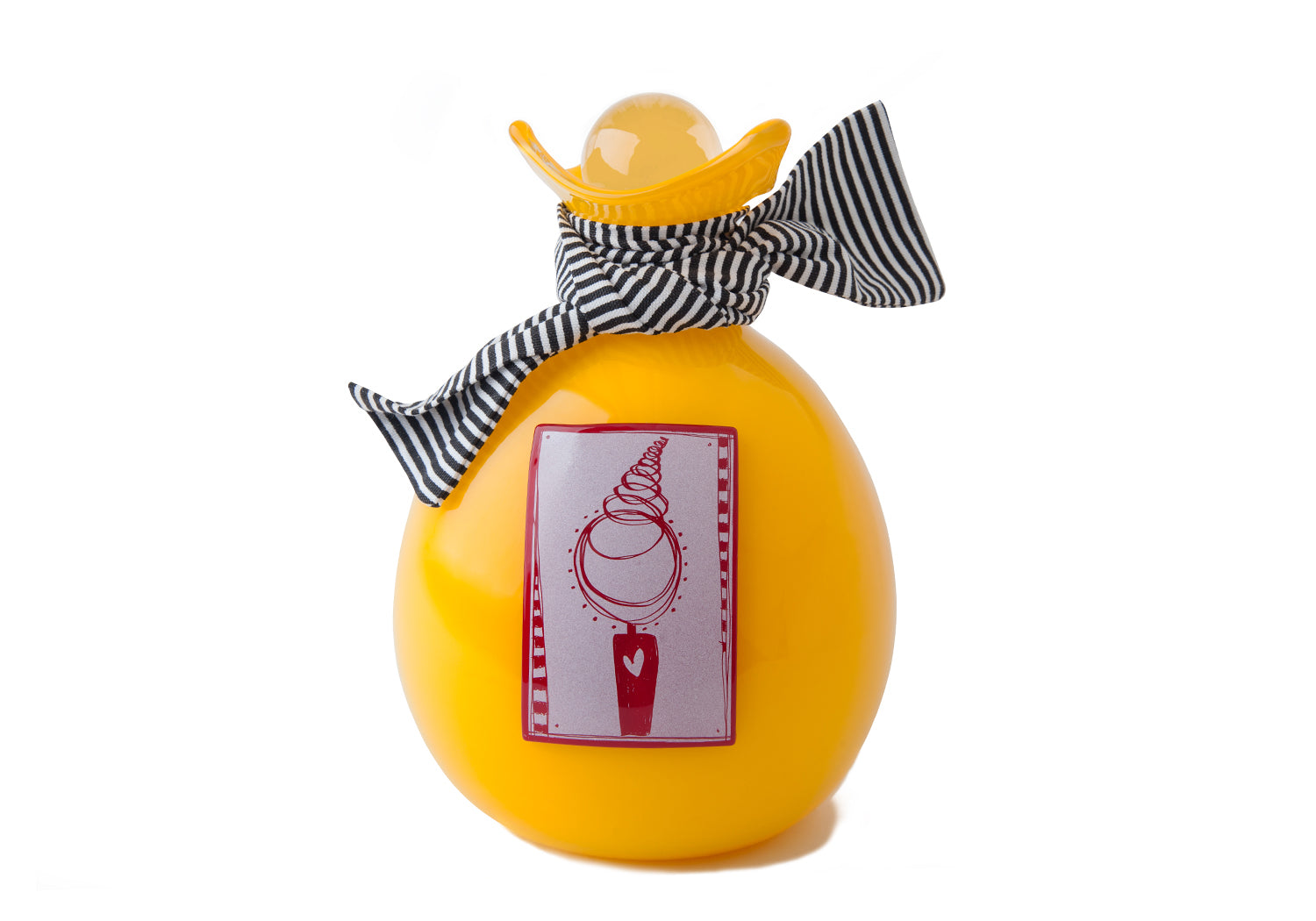 Picture of a bright yellow blown glass handkerchief wrapped ball cremation urn for children on sale at Muses Design Urns. Front view.